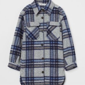 GIRLS H&M LONG BLUE & GREY THICK WOOL-LIKE PLAID SHACKET (SIZE 8)